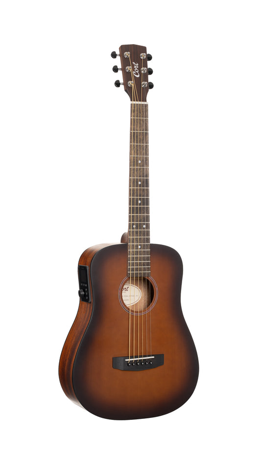 Earth Go, modèle Dreadnought 3/4, table épicéa massif, fond & éclisses acajou, HyVibe 2, housse, brown burst pores ouverts