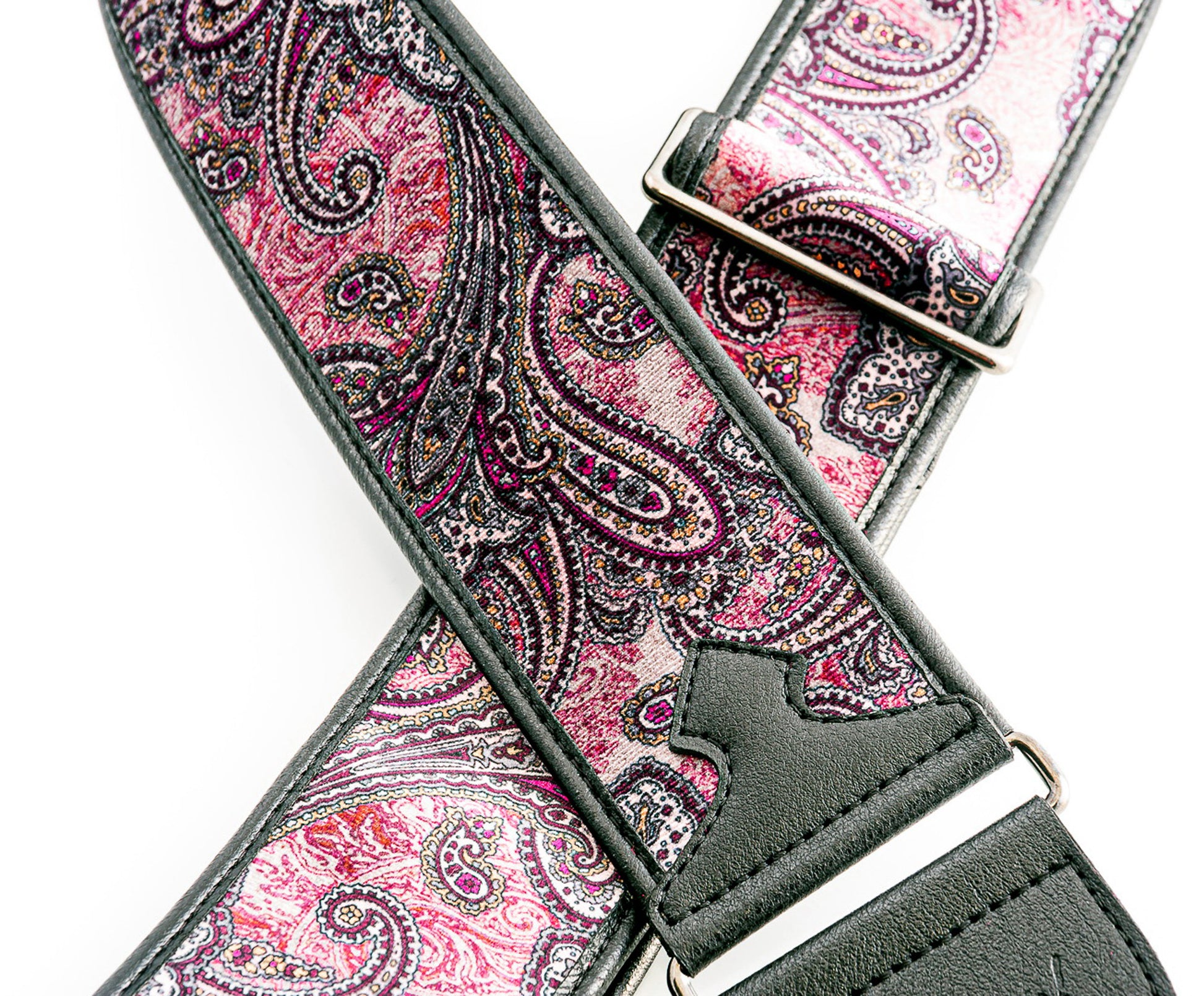 Courroie modèle PAISLEY, extérieur tissu, largeur 6 cm, longueur 95 à 150 cm, porte-médiators intégré, bordeaux