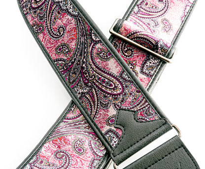 Courroie modèle PAISLEY, extérieur tissu, largeur 6 cm, longueur 95 à 150 cm, porte-médiators intégré, bordeaux