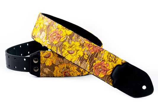 Courroie modèle GOLD & ROSES, extérieur synthétique et tissu, largeur 7 cm, longueur 95 à 150 cm, porte-médiators, orange