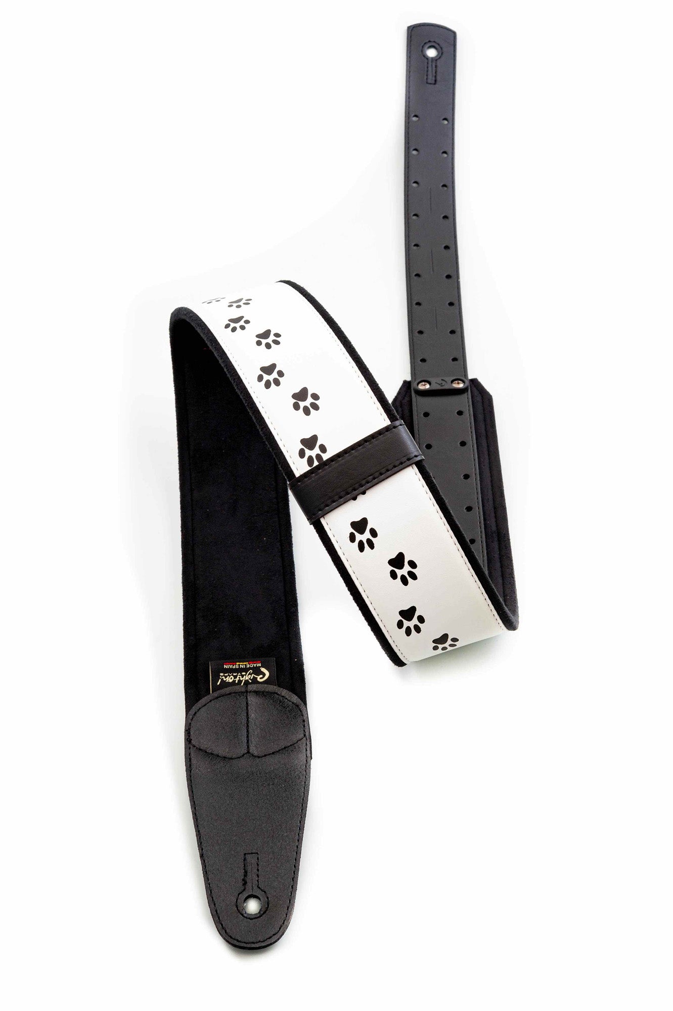 Courroie modèle CAT, extérieur synthétique, largeur 6 cm, longueur 100 à 145 cm, porte-médiators intégré, blanc