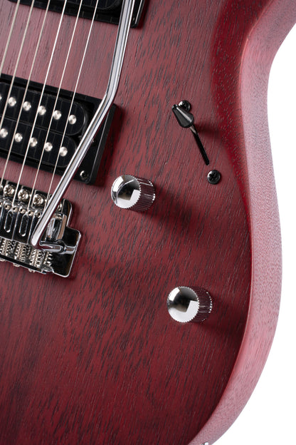 X100, corps meranti, manche érable, touche jatoba, trémolo 6 points, 2 doubles Powersound, black cherry pores ouverts