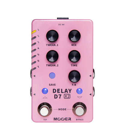 Pédale D7 DELAY X2, 14 types de délais personnalisables, 14 presets utilisateurs, boîtier métal, rose