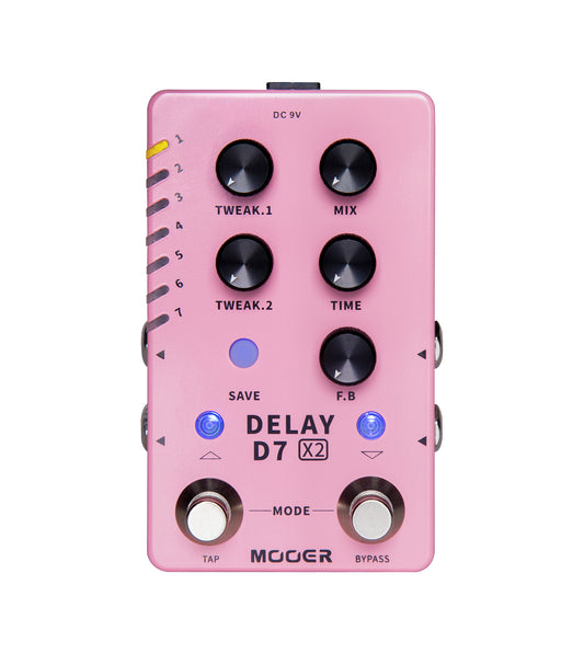 Pédale D7 DELAY X2, 14 types de délais personnalisables, 14 presets utilisateurs, boîtier métal, rose