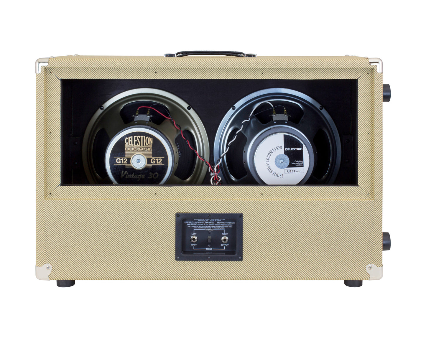 Enceinte guitare 120W, HP 2x 12" Celestion, fond convertible en configuration ouvert/ fermé, finition Tweed