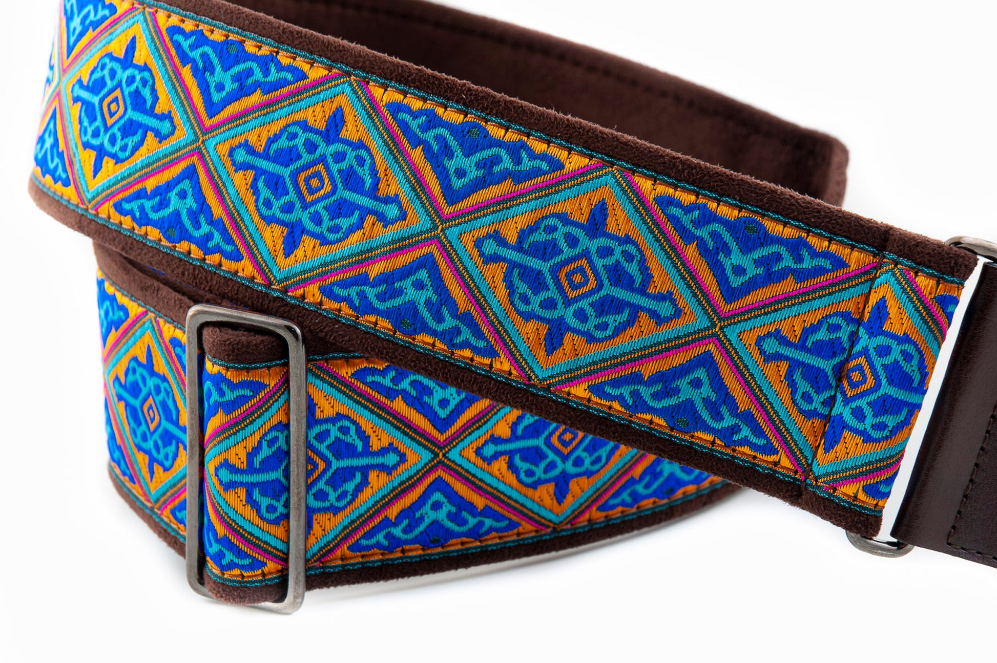 Courroie modèle HAFA, tissu Jacquard, largeur 6 cm, longueur 90 à 150 cm, porte-médiators intégré, bleu