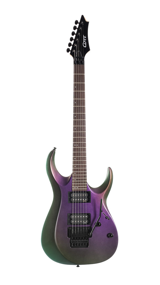 X300, corps tilleul, manche érable, touche palissandre, vibrato Floyd Rose, 2 micros EMG RetroActive Hot70, flip purple