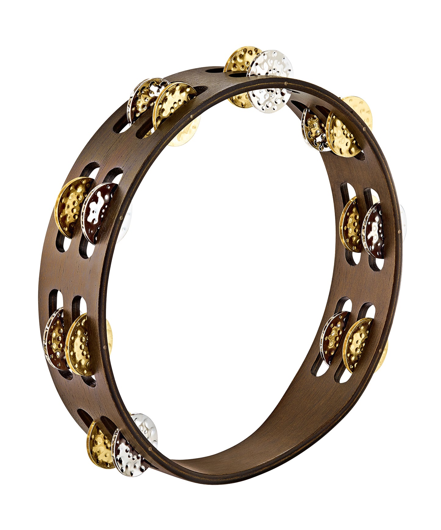 Tambourin bois 10", 2 rangées de cymbalettes laiton martelé et nickel, Walnut brown