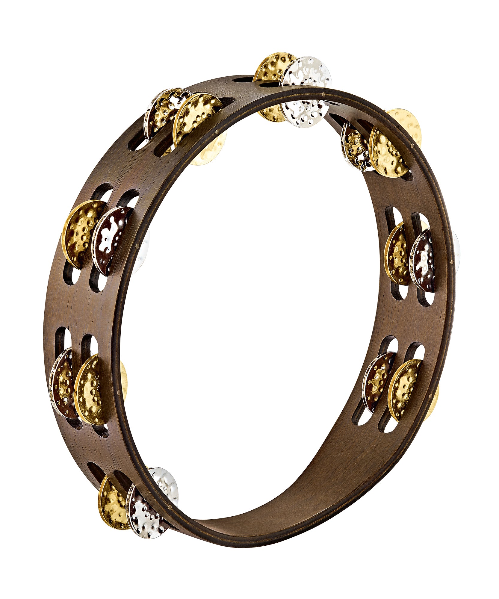 Tambourin bois 10", 2 rangées de cymbalettes laiton martelé et nickel, Walnut brown
