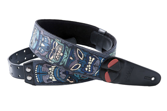 Courroie modèle TIKI, extérieur tissu, largeur 6 cm, longueur 100 à 145 cm, porte-médiators intégré, bleu