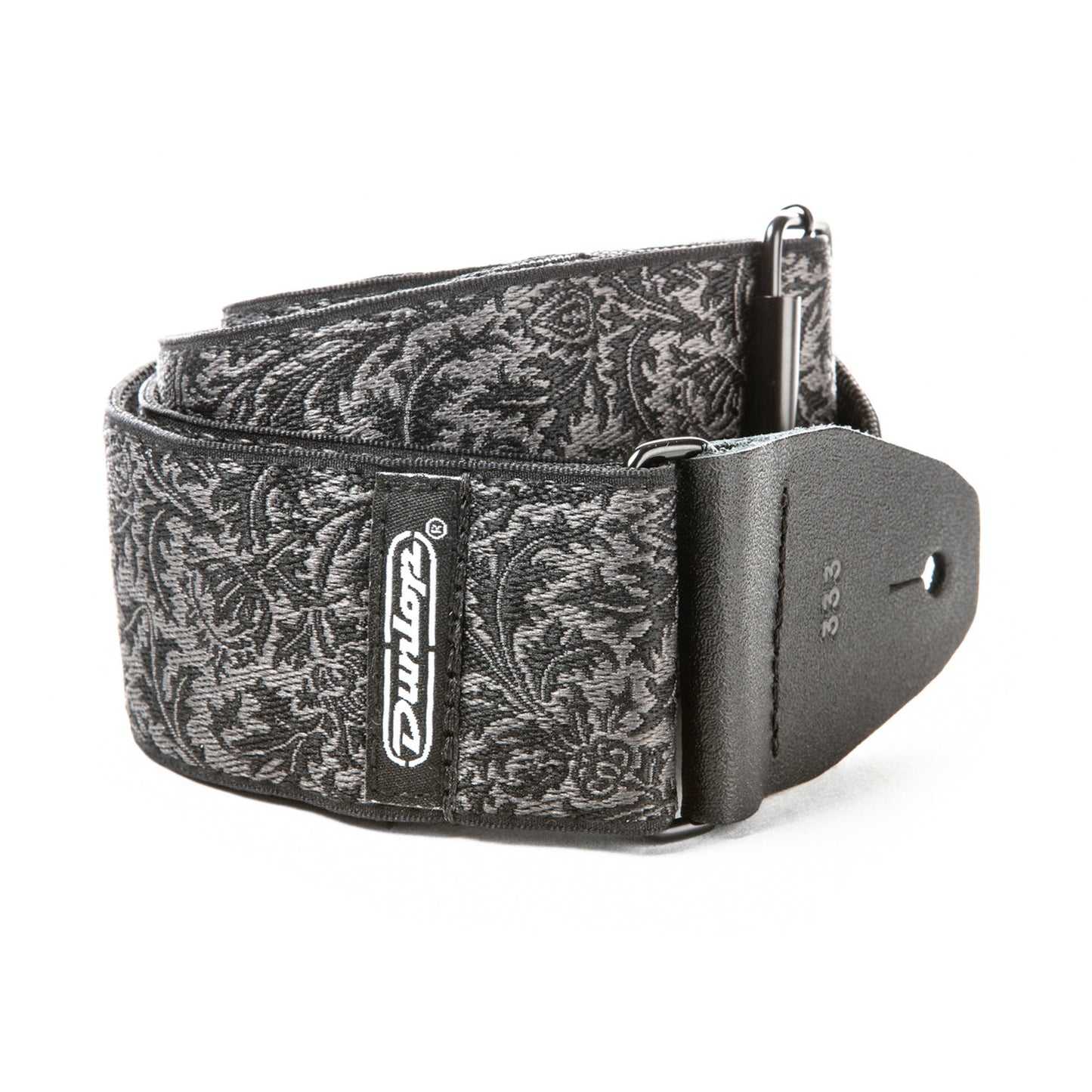 Courroie jacquard modèle BLACK THISTLE, extrémités cuir, largeur 5 cm, noir et gris