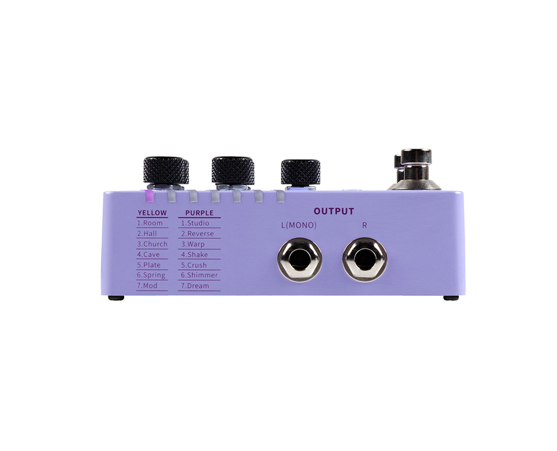 Pédale R7 REVERB X2, 14 types de réverbs numériques personnalisables, 14 presets utilisateurs, boîtier métal, violet