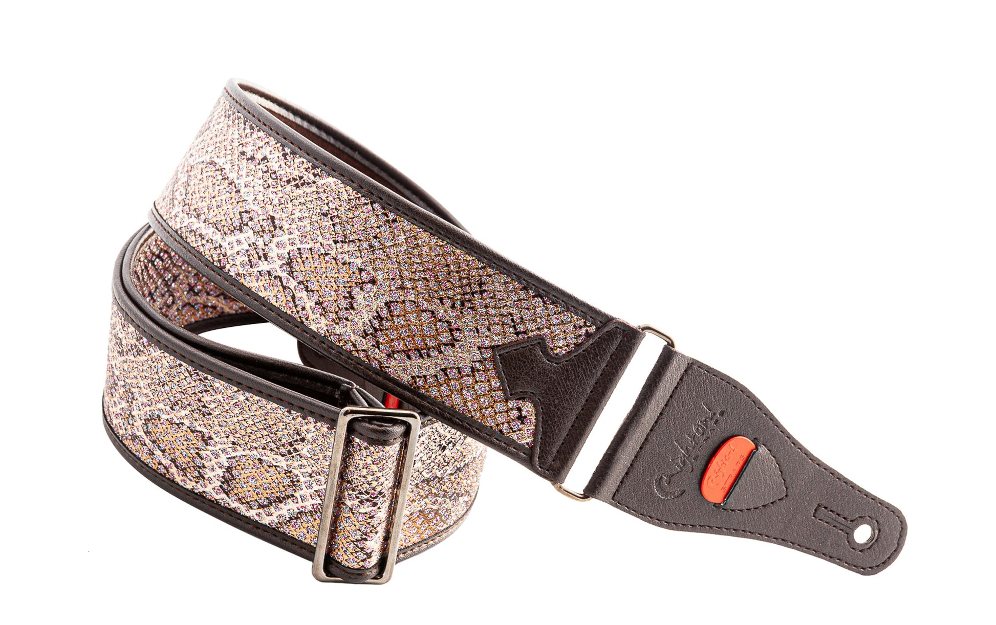 Courroie modèle GLITTER SNAKE, synthétique, rembourrée, largeur 6 cm, longueur 95 à 150 cm, porte-médiators intégré, rose