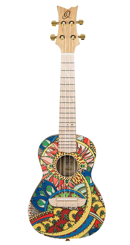 RUAR-MI, modèle Concert, table épicéa avec motif custom, fond & éclisses catalpa, manche nato, motif"Inde mystique" satiné