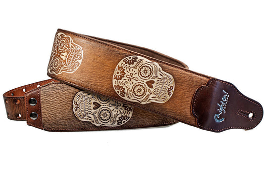 Courroie modèle SUGAR, extérieur cuir HQ peint à la main, largeur 7 cm, longueur 95 à 150 cm, porte-médiators intégré, woody