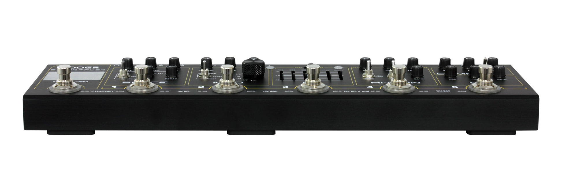 Pédalier BLACK TRUCK, 6 pédales d'effet (Compresseur, Overdrive, Distorsion, EQ, Modulation, Délai/Réverb), noir