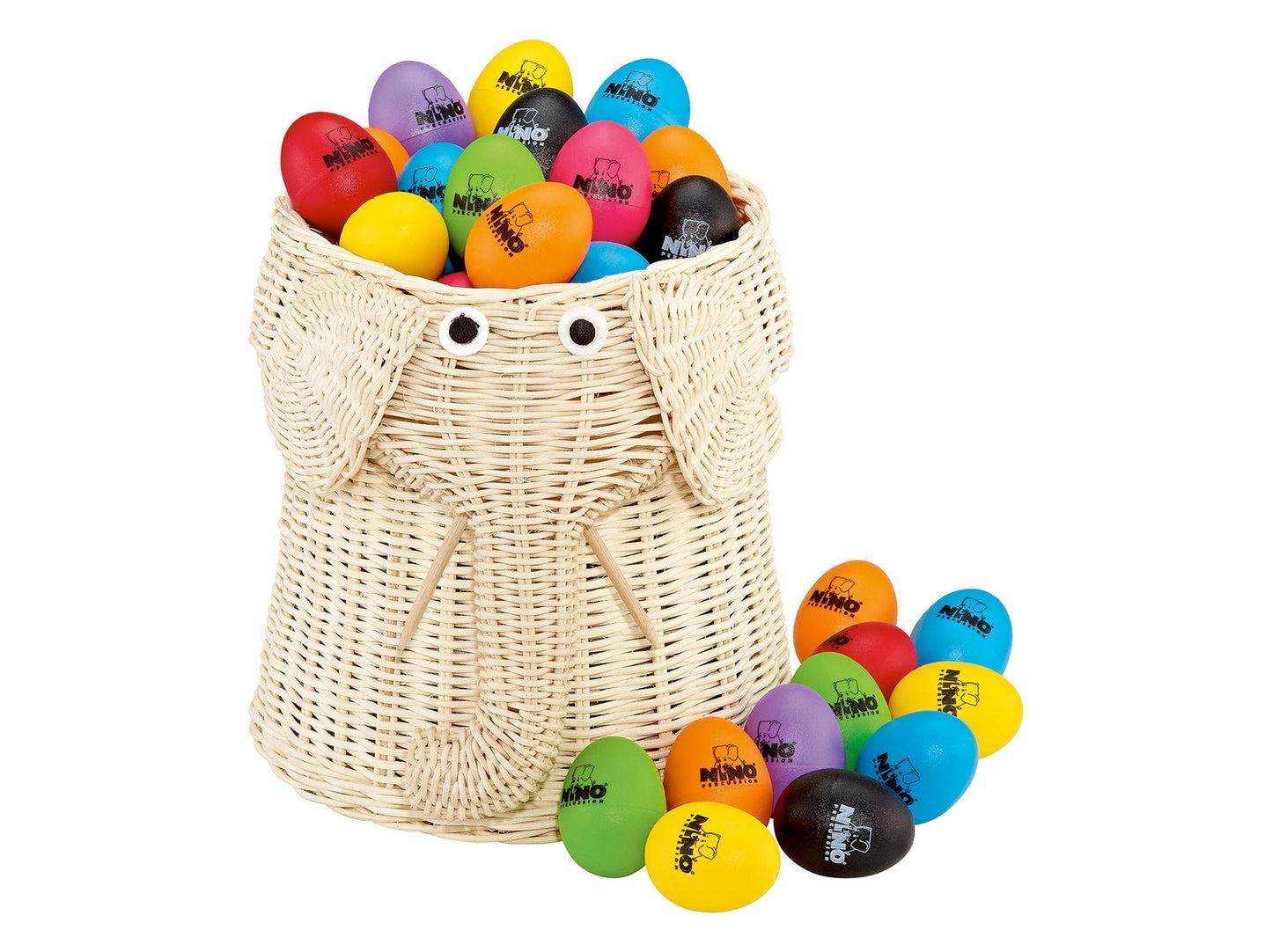 Assortiment 80 oeufs shakers (10 de chaque couleur), panier osier en forme d'éléphant.
