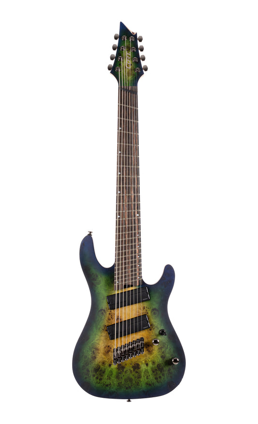 KX508MS2, 8 cordes, corps okoumé, table peuplier figuré, frettes en éventail, touche ébène, micros Fishman, mariana blue burst