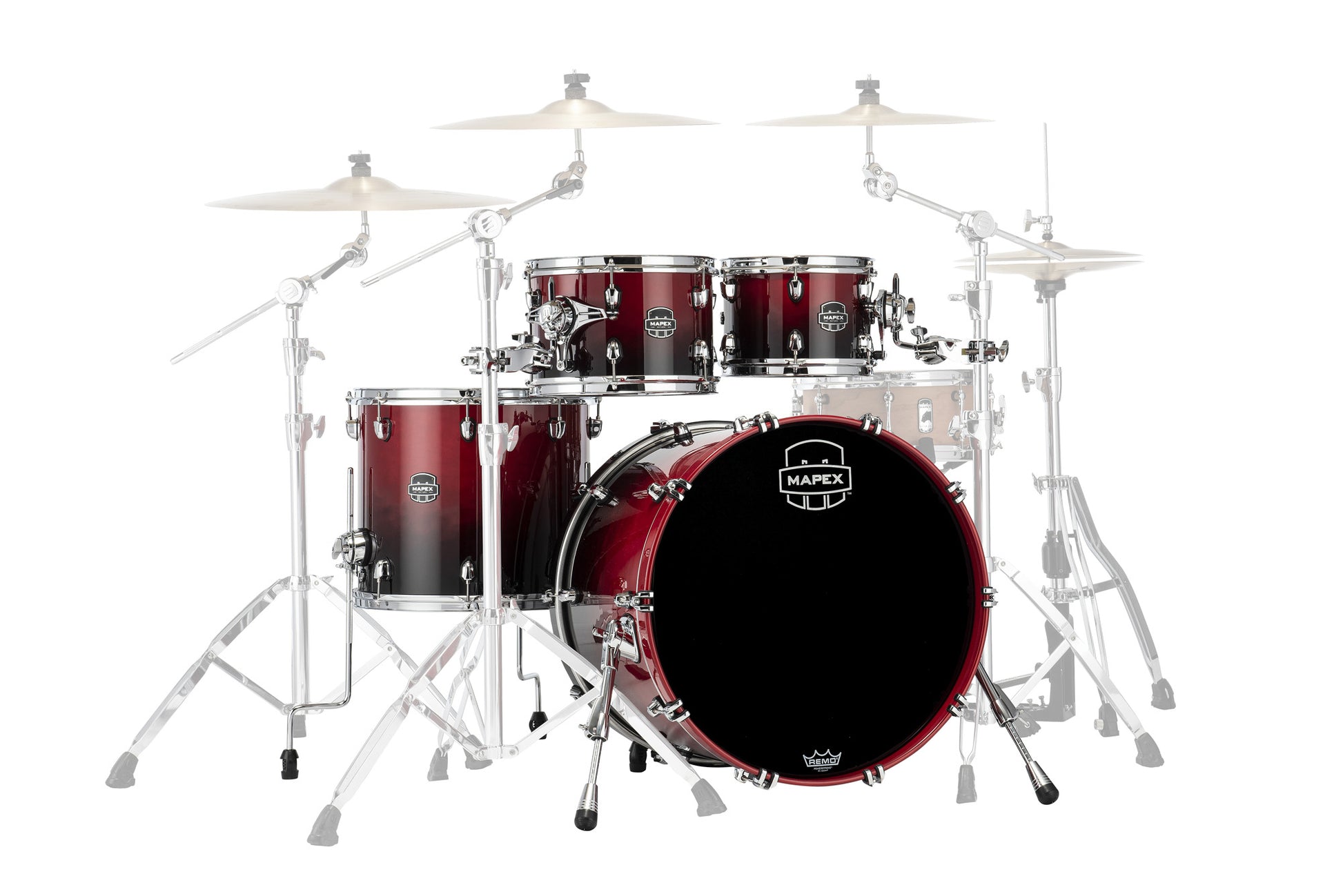 Batterie Mapex Saturn STAGE 22, 4 fûts en érable et noyer, sans accessoires, Scarlet Fade