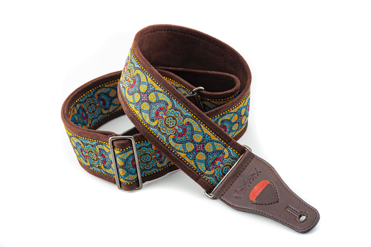 Courroie modèle ROSEKILDE II, tissu Jacquard, largeur 6 cm, longueur 90 à 150 cm, porte-médiators intégré, turquoise