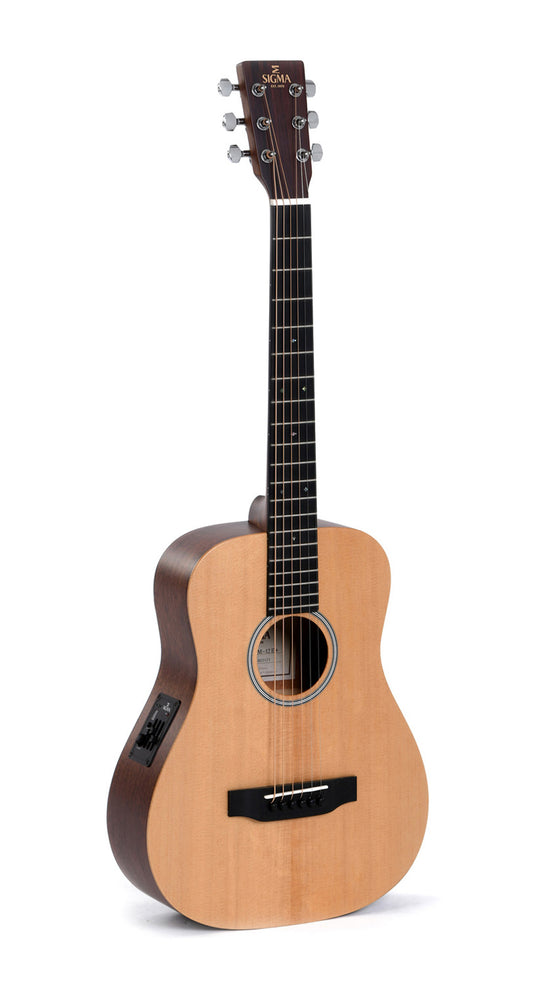 Modèle TM-12E, guitare de voyage, table épicéa massif, f/e acajou, touche micarta, EQ Sigma, housse, naturel