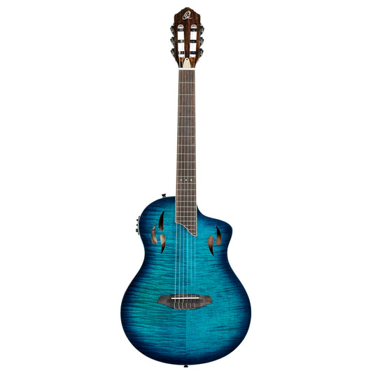 RTPDLX-FMA, modèle TourPlayer, EQ Magus X, corps okoumé, table érable flammé, sillet 48 mm, housse, bleu dégradé brillant