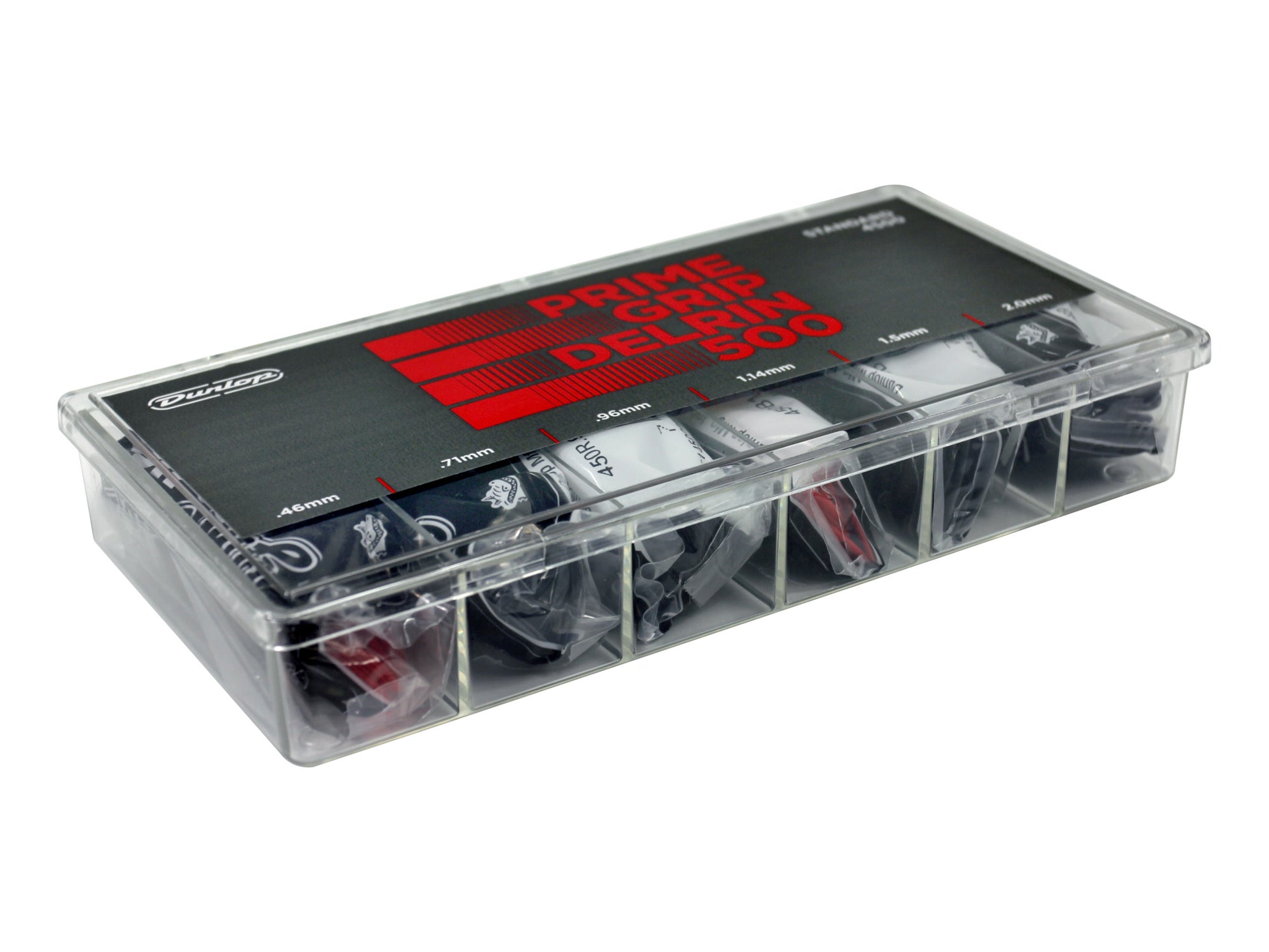 Boîte de 324 médiators Prime Grip DELRIN 500, 72 de chaque en 0.46, 0.71 et 0.96, 36 de chaque en 1.14, 1.5 et 2.0 mm