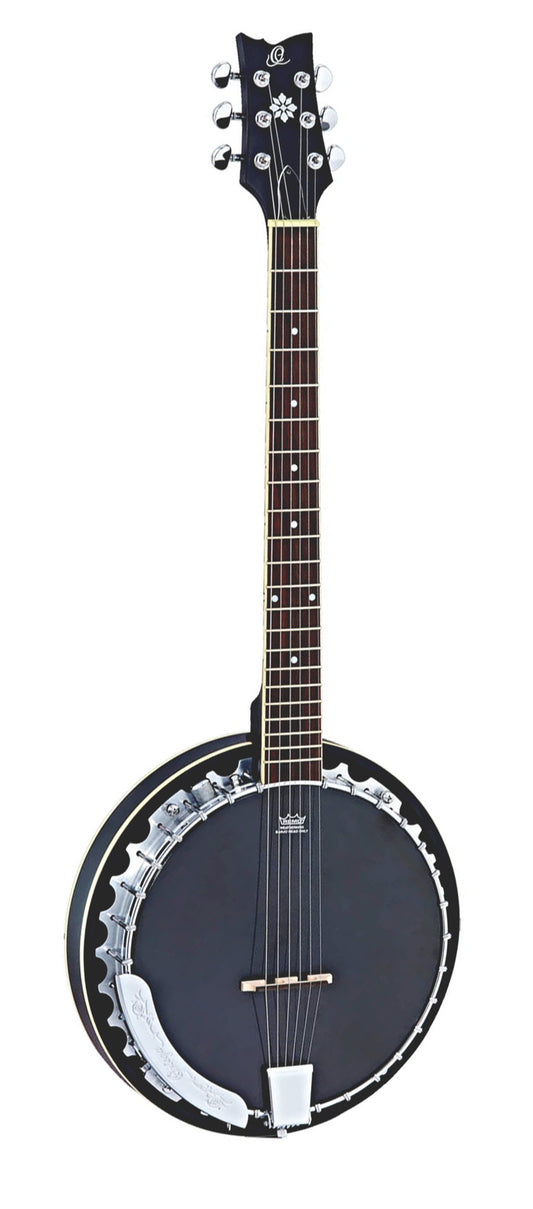 OBJE3506-SBK, banjo 6 cordes, EQ, 30 tirants, cercle aluminium, manche acajou, résonateur acajou, housse luxe, noir satiné