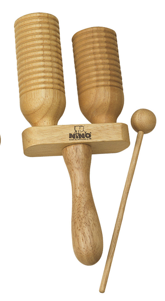 Jeu de 2 cloches à GO-GO en hévéa, avec mailloche en bois, naturel