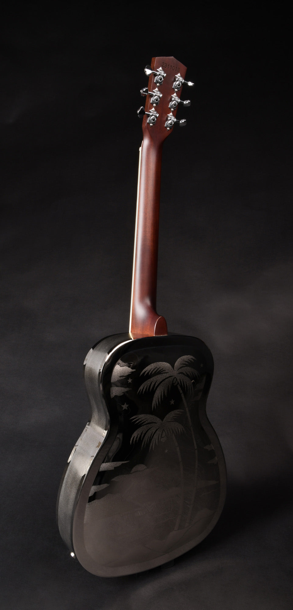 JR-998, corps en laiton, manche acajou, touche palissandre, micro simple, nickel brillant avec palmiers.