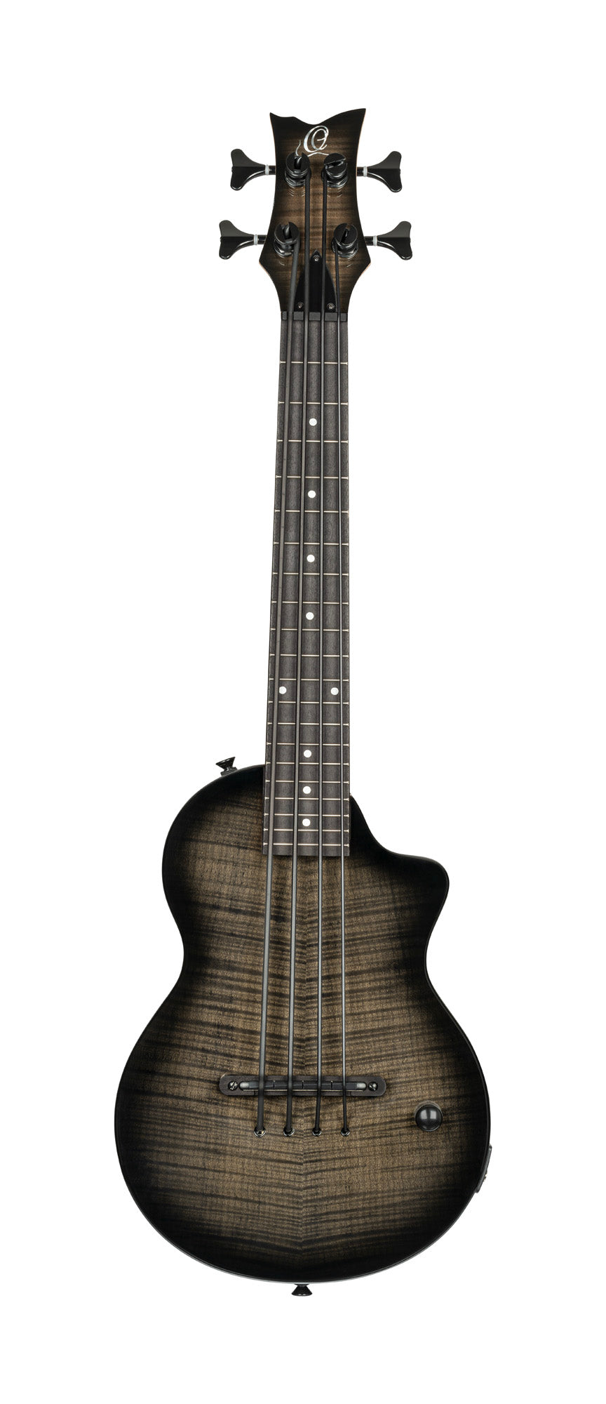 NEO-BS-TGB, modèle Ukebass, pan coupé, EQ MagusExpress, table érable flammé, corps okoumé, manche érable, housse, gris
