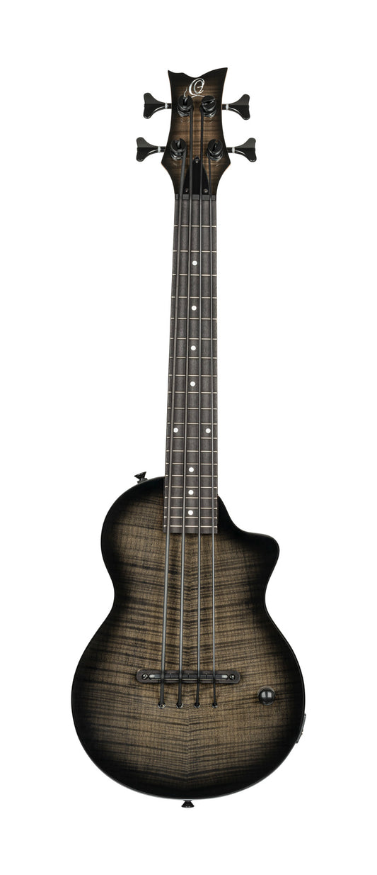 NEO-BS-TGB, modèle Ukebass, pan coupé, EQ MagusExpress, table érable flammé, corps okoumé, manche érable, housse, gris