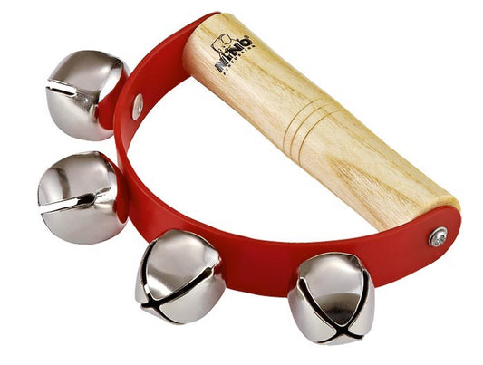 Grelot 4 clochettes acier, manche bois ergonomique, naturel et rouge