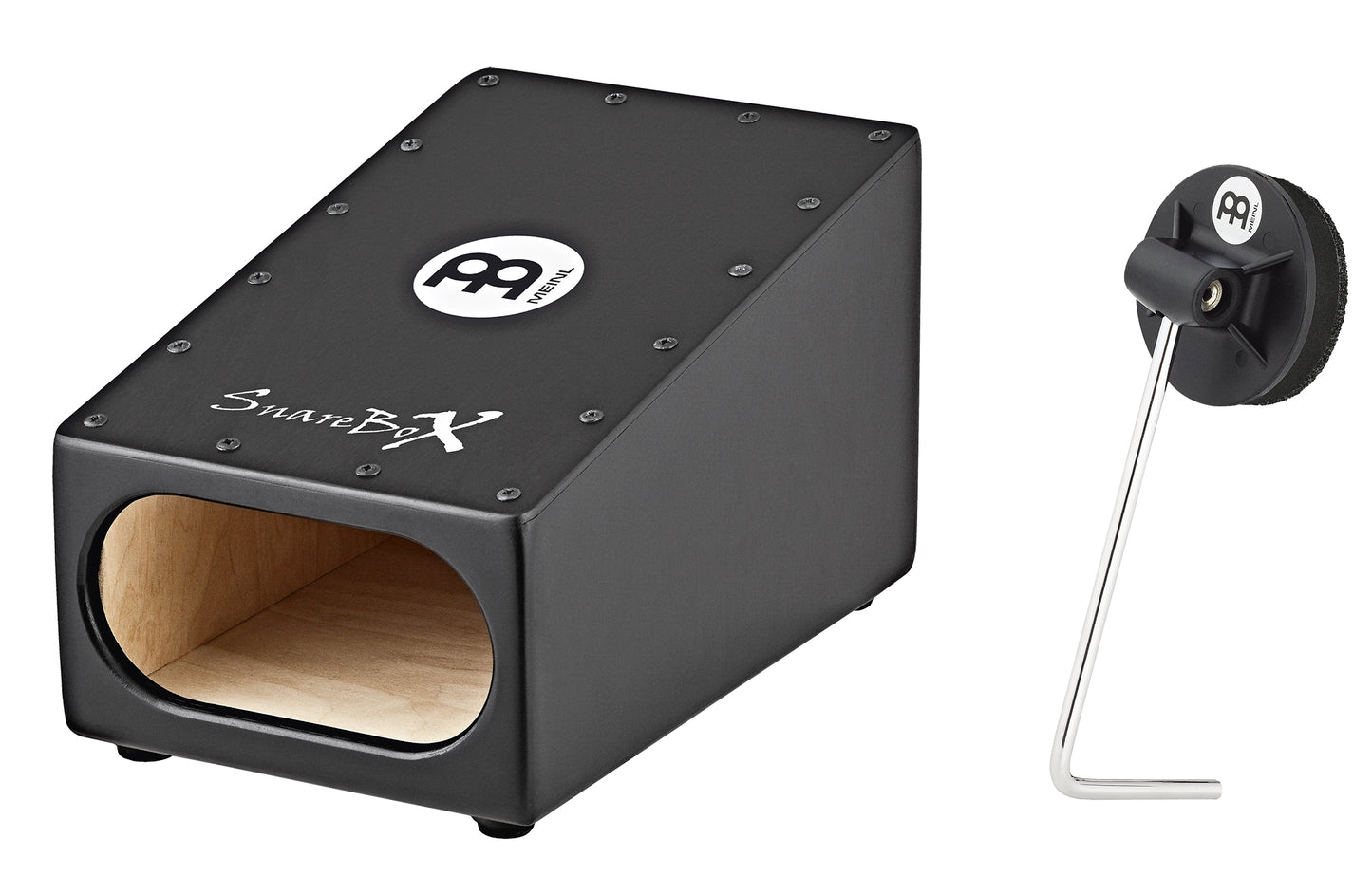 SNAREOX PRE-AMPLIFIE MEINL NOIR + BATTE L, ÉVENT A L'AVANT, BOULEAU, RAIL DE MONTAGE EN ALUMINIUM, SNARE, PIEZO