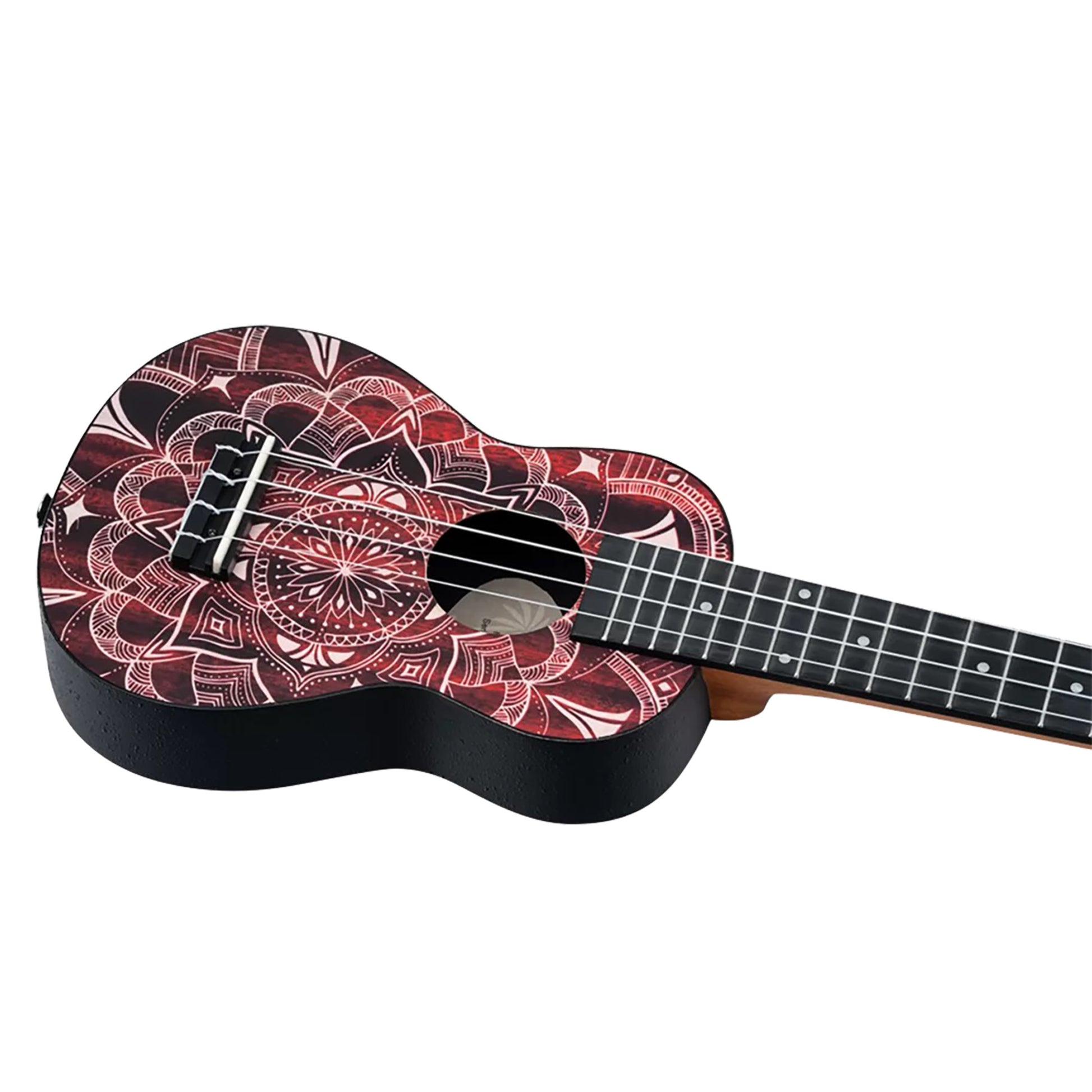 K2SS-RKC, pack ukulélé Soprano Superscale, table agathis design kaléidoscope, corps ABS galbé, accessoires, rouge satiné