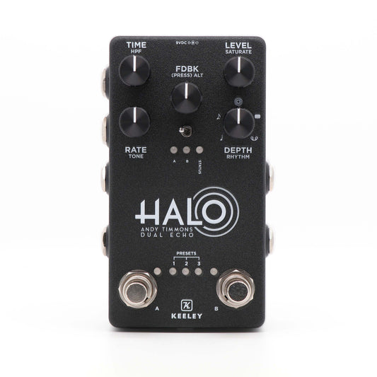 Pédale HALO, Andy Timmons Dual Echo, délai stéréo 5 modes, entrée pour pédale d'expression, boitier métal, gris
