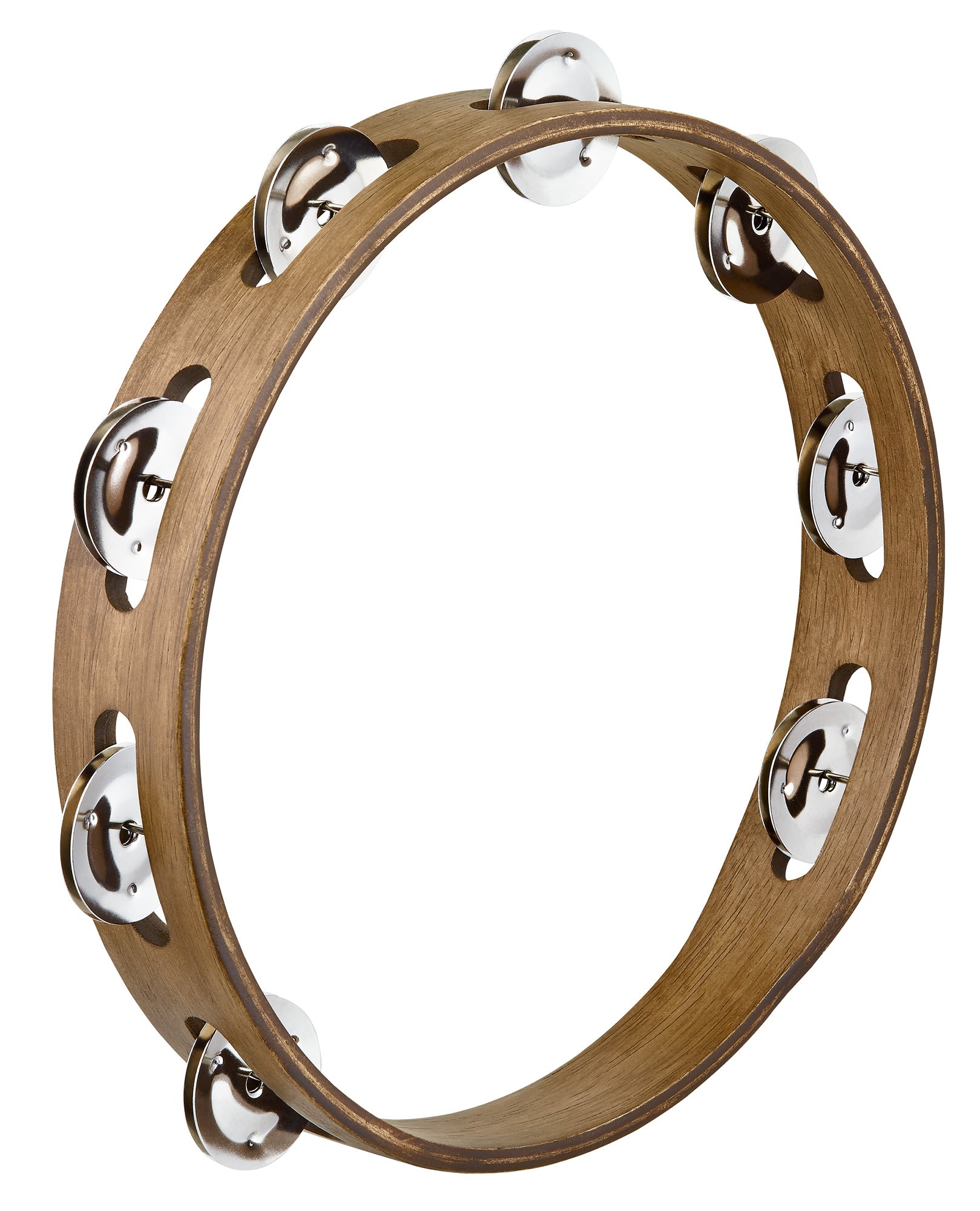 Tambourin bois, 1 rangée de cymbalettes acier inoxydable, Walnut brown