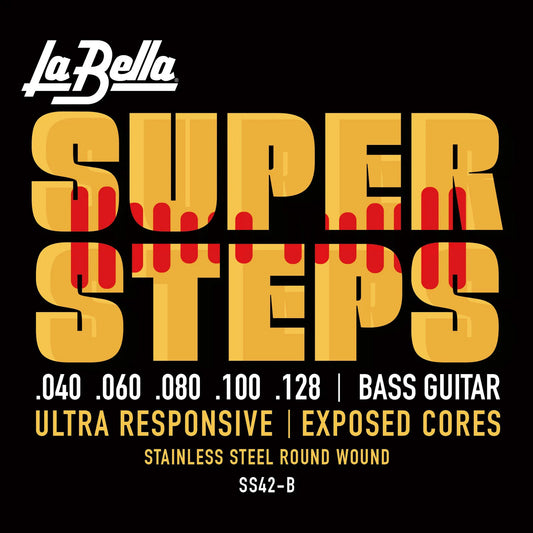 Jeu pour basse électrique SUPER STEPS, acier inoxydable, filé rond avec âme exposée, 5 cordes Custom Light (40-60-80-100-128)