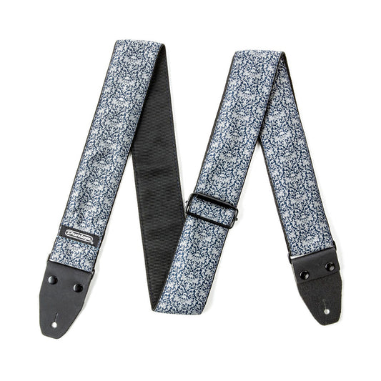 Courroie jacquard modèle FLEURS DE SKULL, extrémités cuir, largeur 5 cm, bleu et blanc