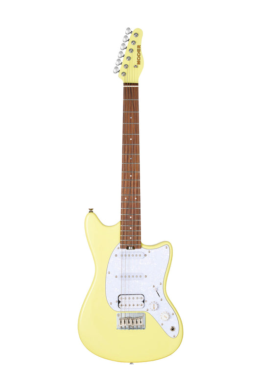 MOOER MLT10, short scale, corps peuplier, manche érable torréfié satiné, touche palissandre, diapason 610 mm, jaune, avec housse