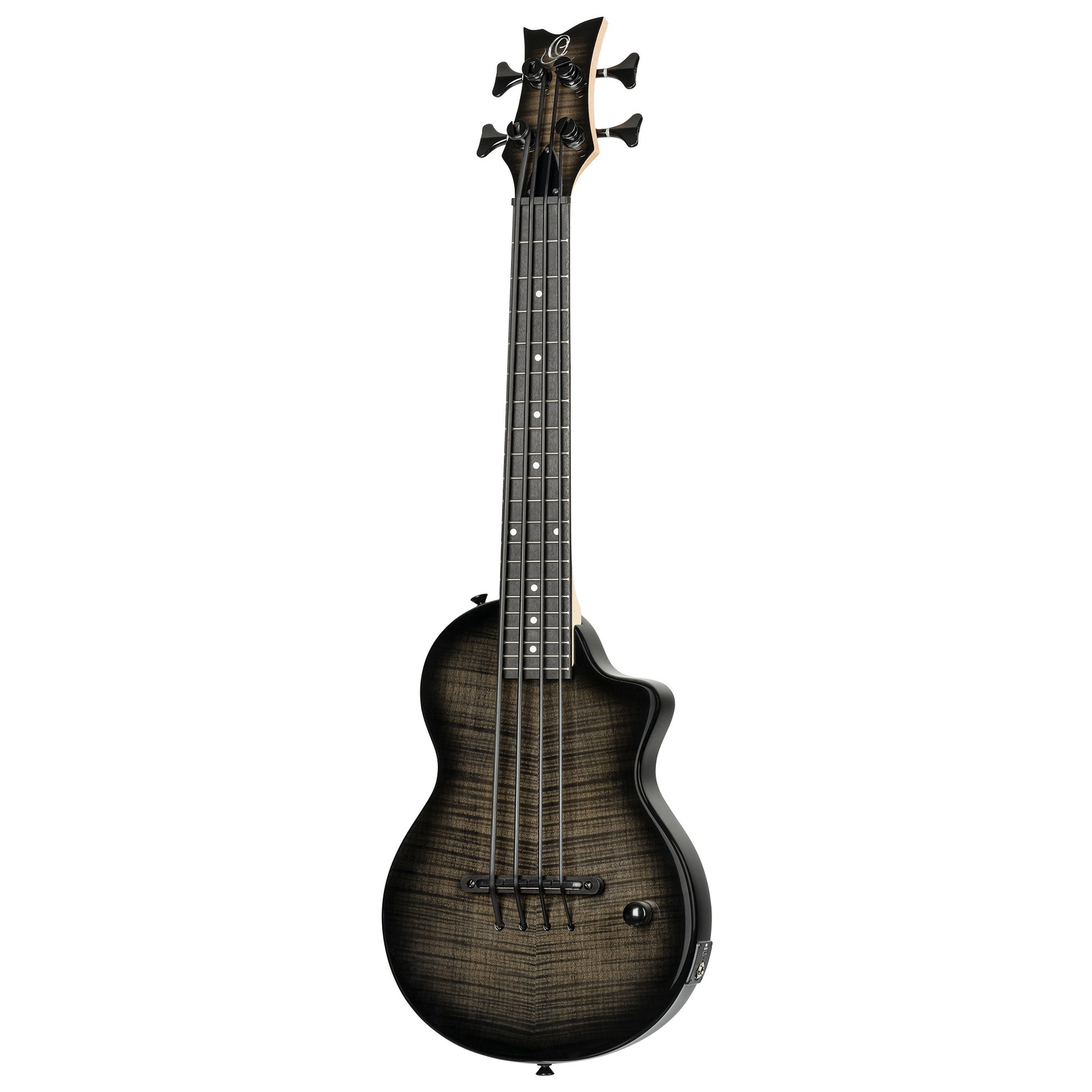 NEO-BS-TGB, modèle Ukebass, pan coupé, EQ MagusExpress, table érable flammé, corps okoumé, manche érable, housse, gris