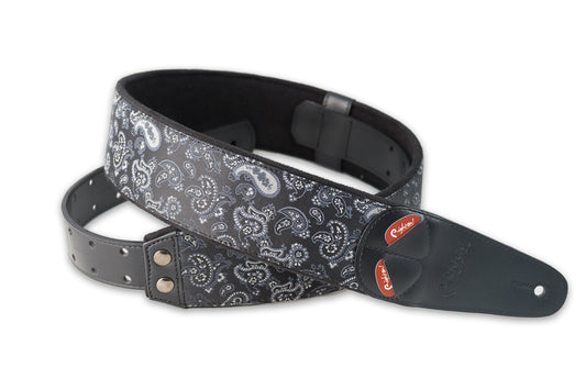 Courroie modèle PAISLEY, extérieur tissu, largeur 6 cm, longueur 100 à 145 cm, porte-médiators intégré, noir