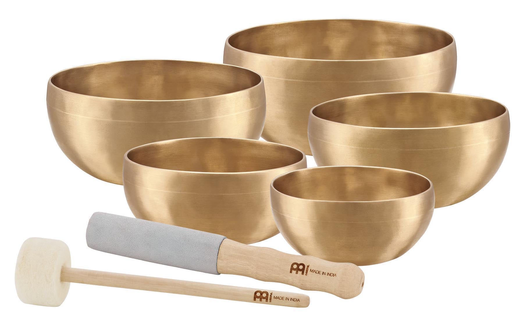 Ensemble de 5 bols tibétains UNIVERSAL (SBU400-500-600-700-750) avec batte, housses et cercles de feutre (support)