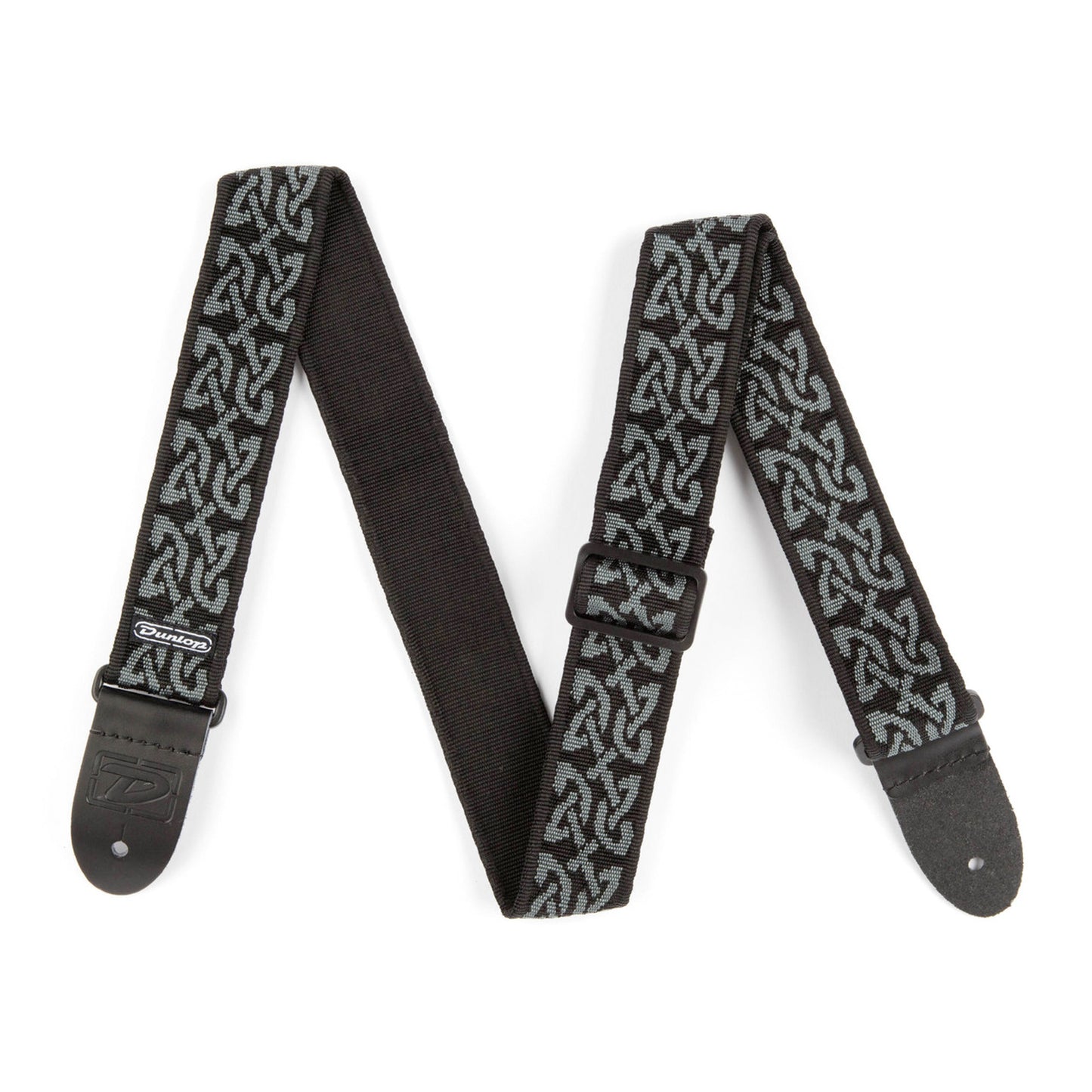 Courroie jacquard modèle CELTIC, extrémités cuir, largeur 5 cm, noir et gris