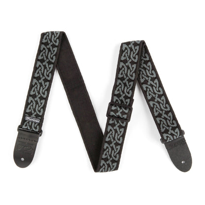 Courroie jacquard modèle CELTIC, extrémités cuir, largeur 5 cm, noir et gris