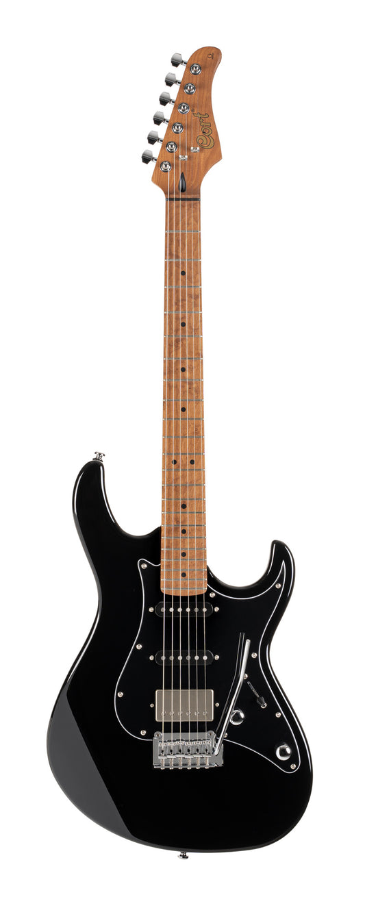 G250 SE, corps tilleul, manche et touche érable torréfié, 1 micro double et 2 simples Cort Voiced Tone, trémolo, noir