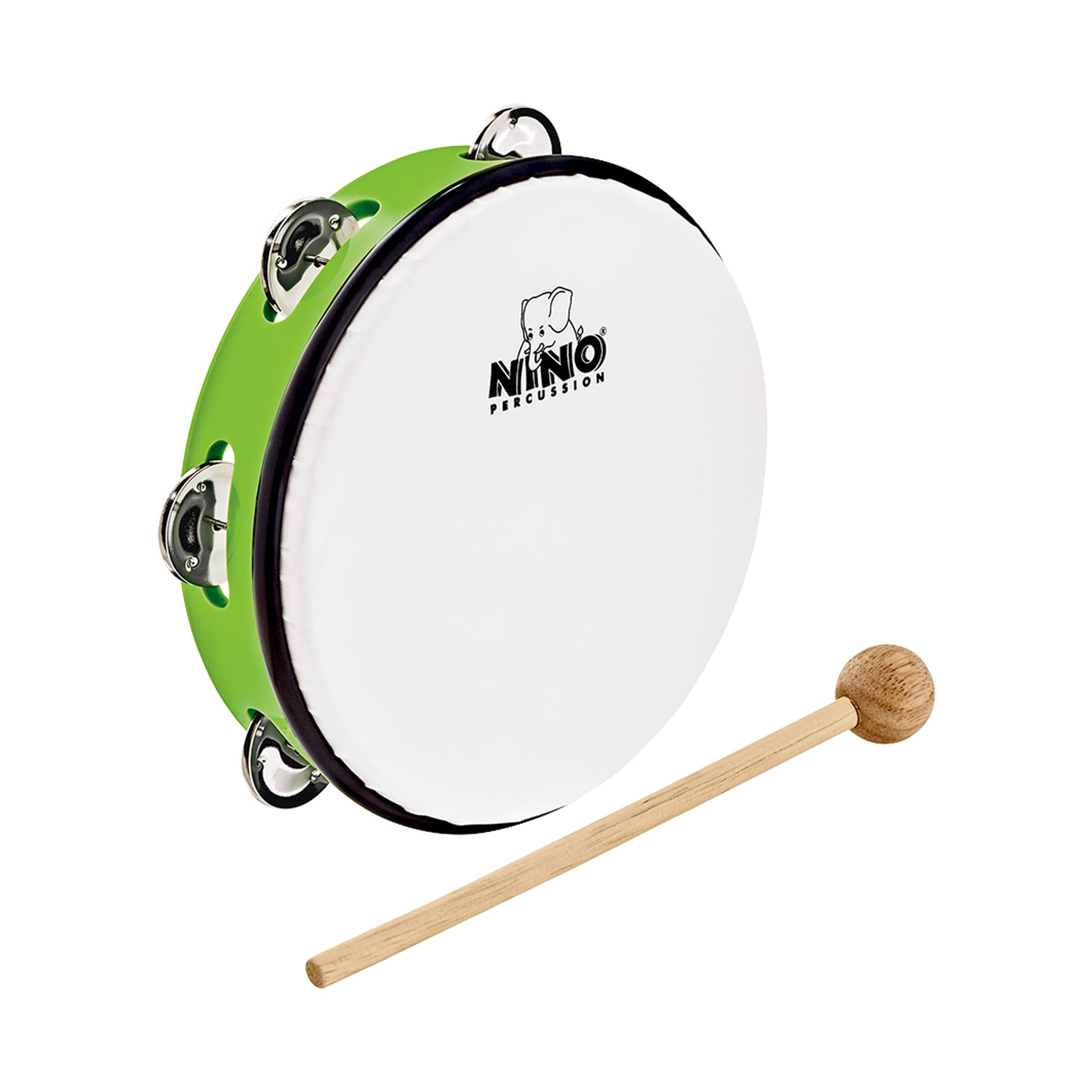 Tambourin Nino 8" cadre en plastique ABS, peau synthétique, cymbalettes nickelées, avec mailloche bois, vert
