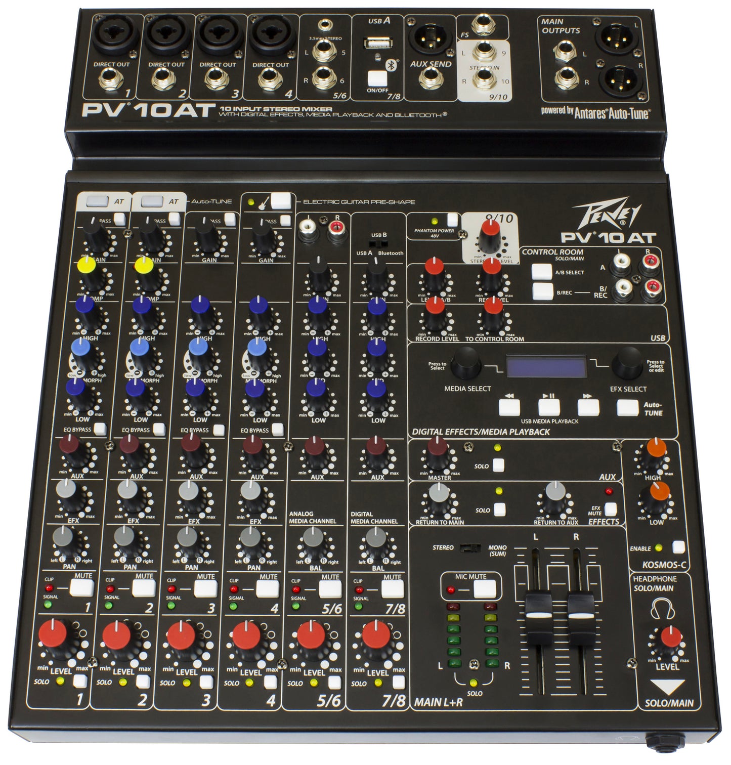 Table de mixage 10 canaux, 4 préamplis micro XLR/Jack, EQ 3 bandes, Bluetooth, effets numériques, entrée guitare Hi-Z, noir