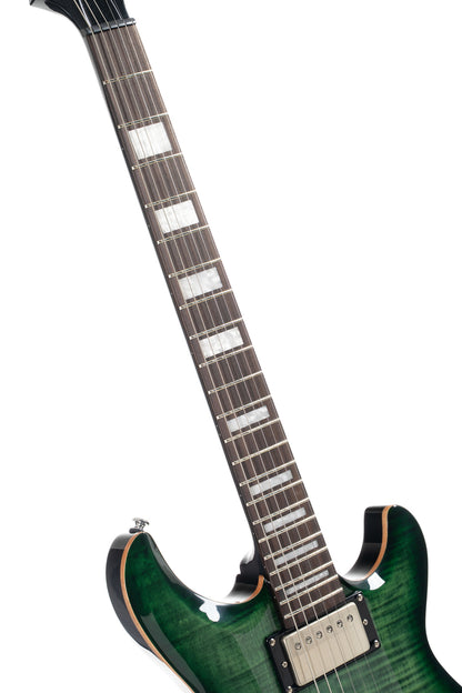 M600, corps acajou, placage érable flammé, manche collé acajou, 2 micros doubles Cort Voiced Tone VTH-59, trans green burst