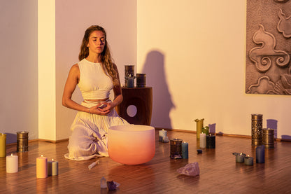 SINGING BOWL SONIC ENERGY CRISTAL 13" orange, sacral chakra, D4 293.67hz, quartz, couleur effet gelé